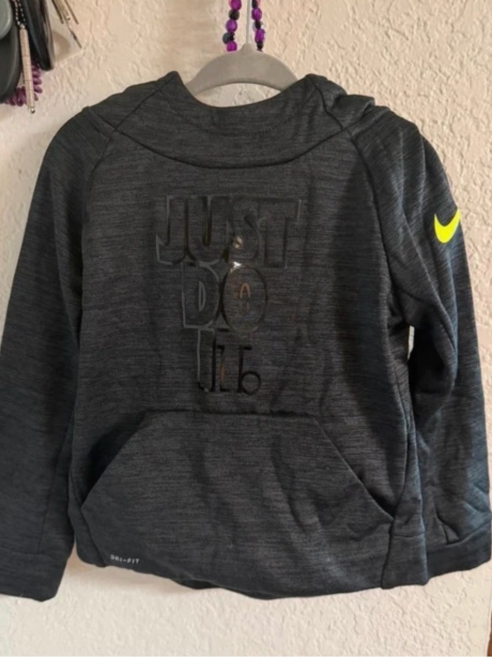 Nike Kids Dark Gray Hoodie with Neon Yellow Swoosh